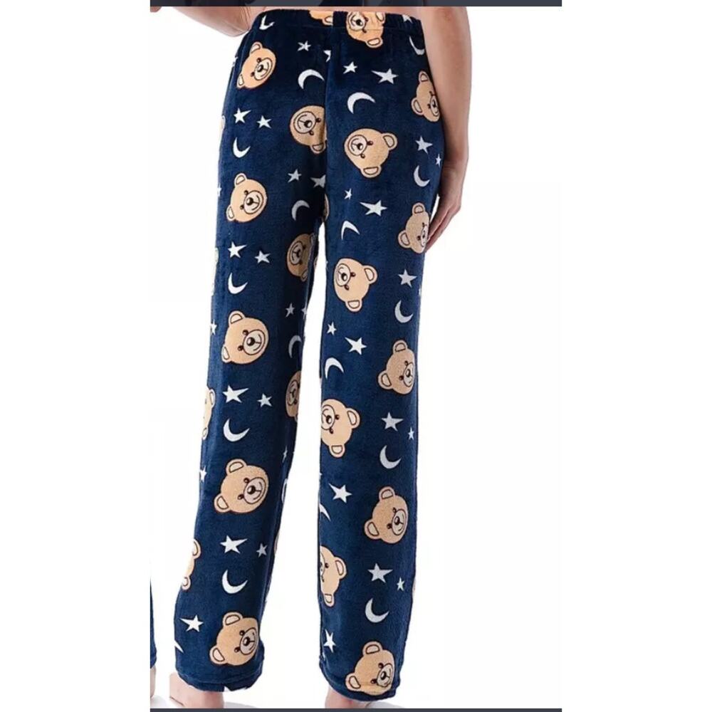 Fashion Navy Blue Plush Bear Moon Star Pajama Lounge Pants Women Size XS - Small - Picture 4 of 10